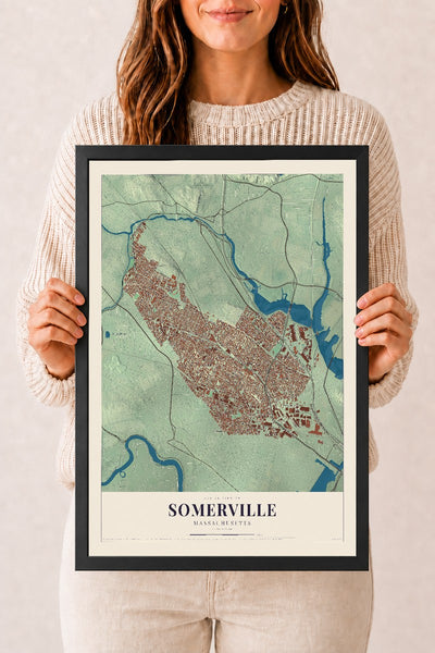 Somerville, Massachusetts map print - 12 x 18 black Ayous wood frame