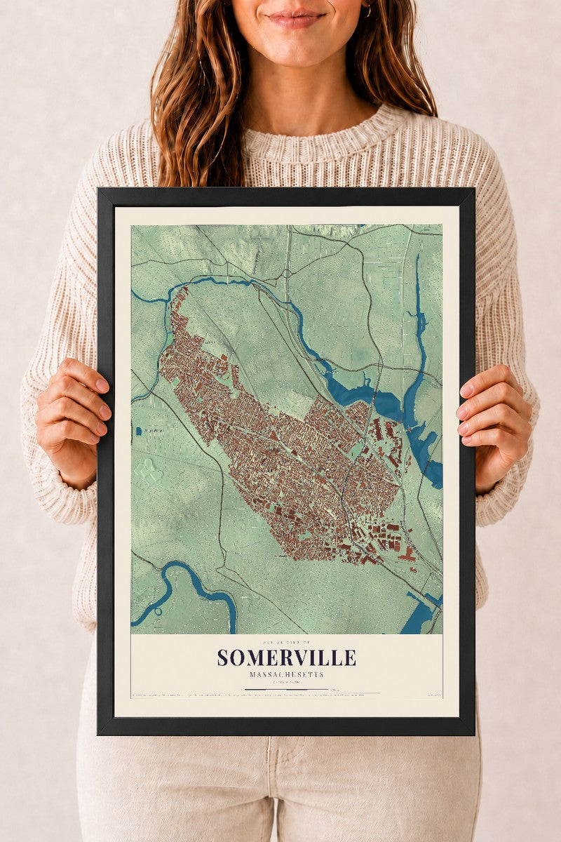 Somerville, Massachusetts map print - 12 x 18 black Ayous wood frame