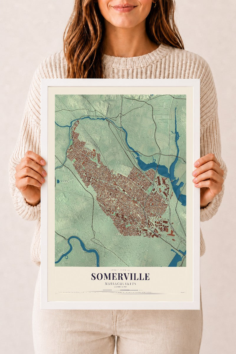 Somerville, Massachusetts map print - 12 x 18 white Ayous wood frame