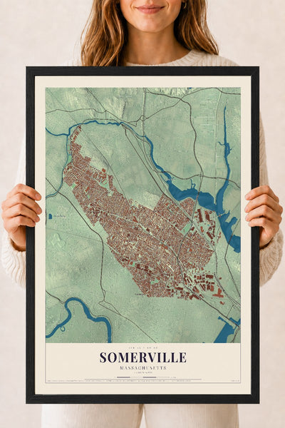 Somerville, Massachusetts map print - 18 x 24 black Ayous wood frame