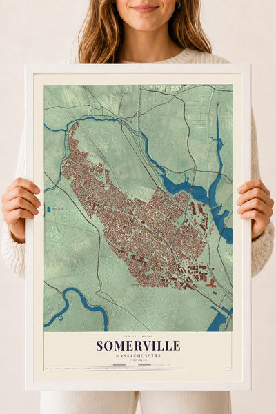 Somerville, Massachusetts map print - 18 x 24 white Ayous wood frame
