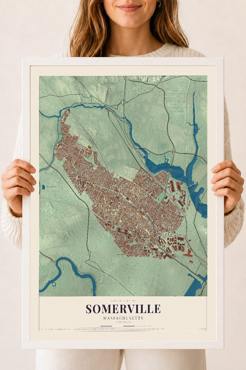 Somerville, Massachusetts map print - 18 x 24 white Ayous wood frame