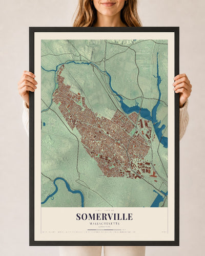 Somerville, Massachusetts map print - 24 x 36 black Ayous wood frame