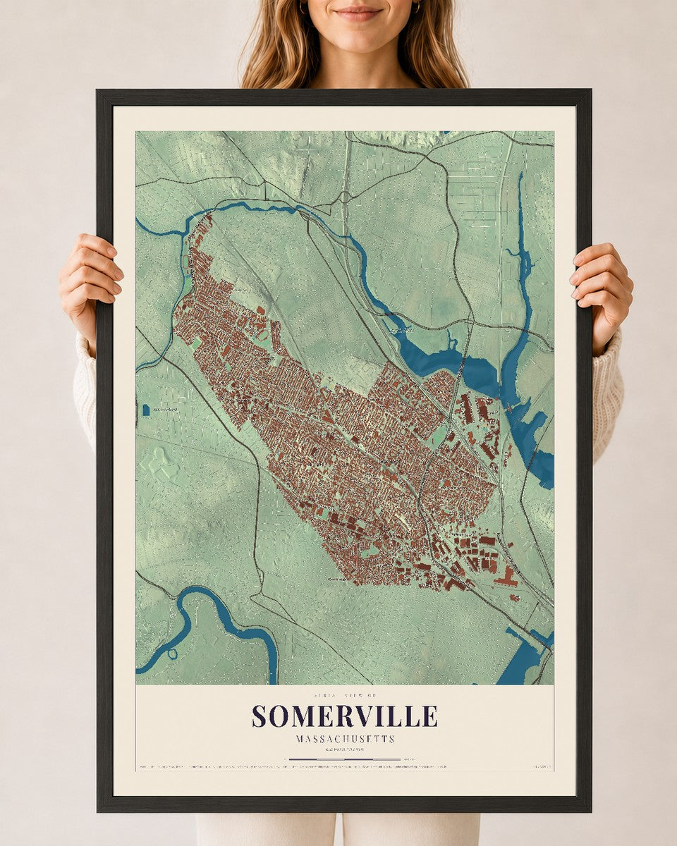Somerville, Massachusetts map print - 24 x 36 black Ayous wood frame