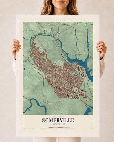 Somerville, Massachusetts map print - 24 x 36 white Ayous wood frame