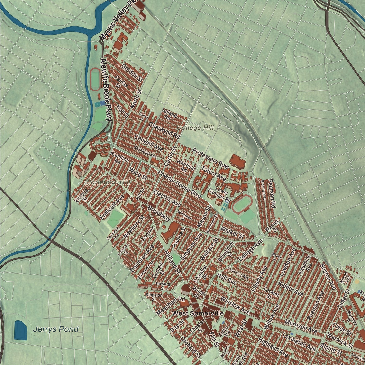 Terrain and local geography detail from the Somerville, Massachusetts map