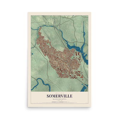 Map of Somerville, Massachusetts, 12 x 18 inch unframed archival matte print
