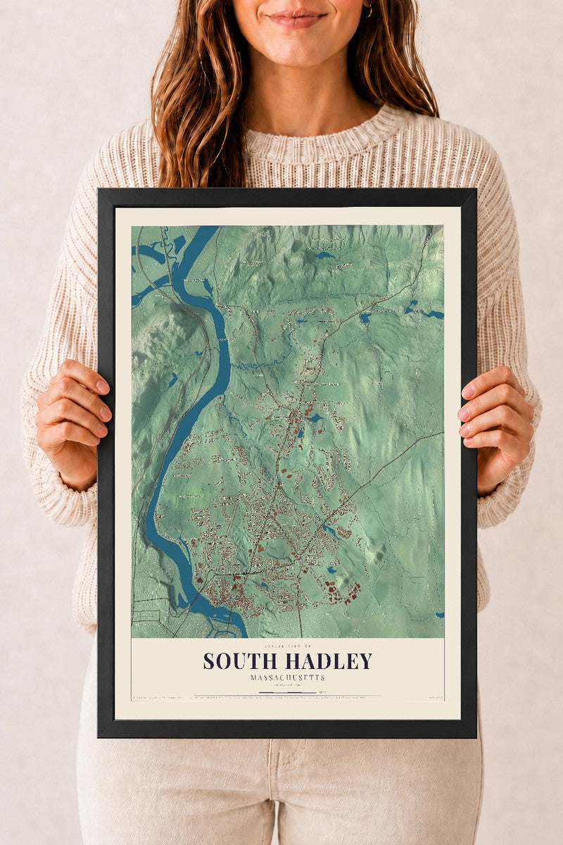South Hadley, Massachusetts map print - 12 x 18 black Ayous wood frame