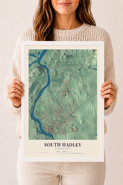 South Hadley, Massachusetts map print - 12 x 18 white Ayous wood frame