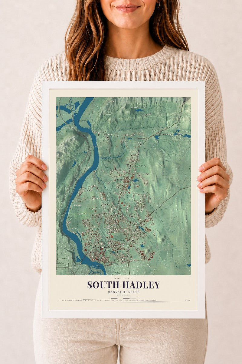 South Hadley, Massachusetts map print - 12 x 18 white Ayous wood frame