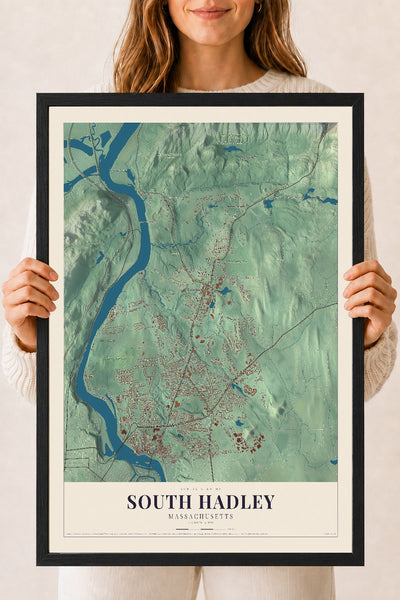 South Hadley, Massachusetts map print - 18 x 24 black Ayous wood frame