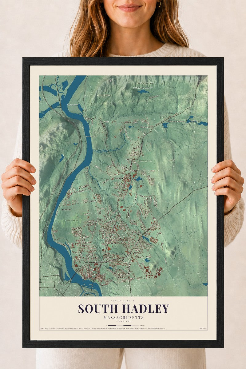 South Hadley, Massachusetts map print - 18 x 24 black Ayous wood frame