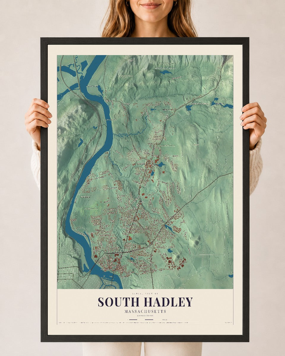 South Hadley, Massachusetts map print - 24 x 36 black Ayous wood frame