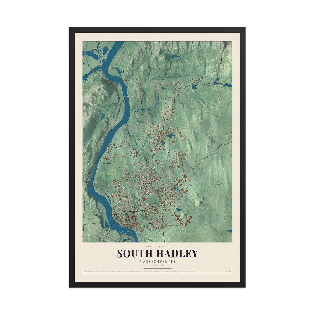 Map of South Hadley, Massachusetts, 12 x 18 inch print in a black wood frame