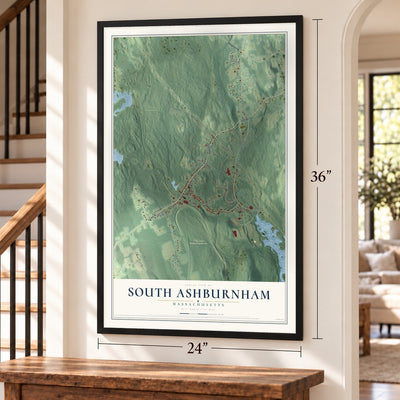 South Ashburnham, Massachusetts map, 24 x 36 inch print in a black frame by a staircase