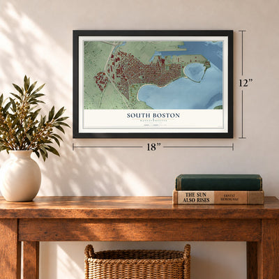 South Boston, Massachusetts map, 12 x 18 inch print in a black frame in an entryway