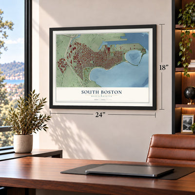 South Boston, Massachusetts map, 18 x 24 inch print in a black frame in a home office