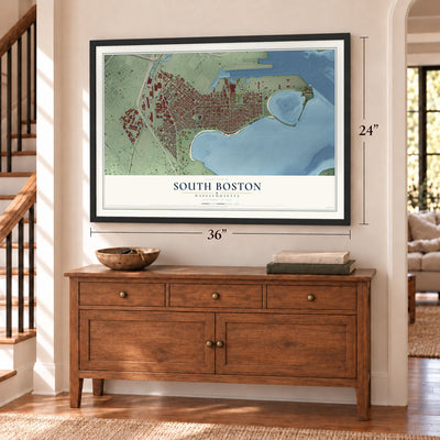 South Boston, Massachusetts map, 24 x 36 inch print in a black frame above a dresser by a staircase