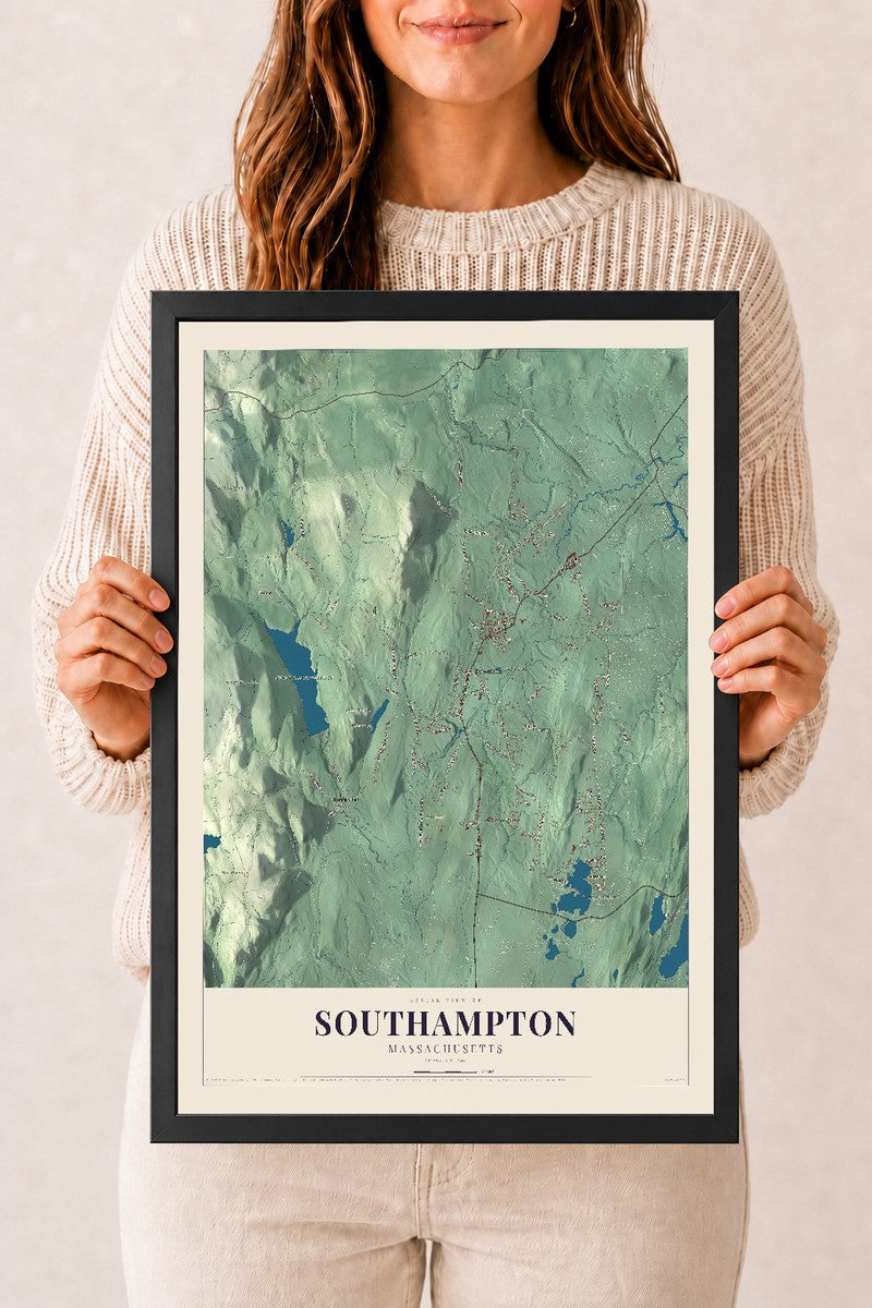 Southampton, Massachusetts map print - 12 x 18 black Ayous wood frame