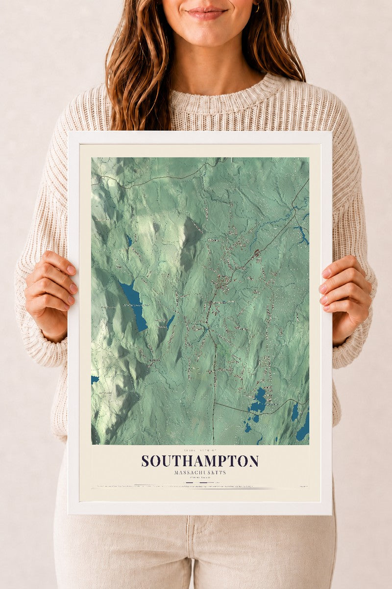 Southampton, Massachusetts map print - 12 x 18 white Ayous wood frame