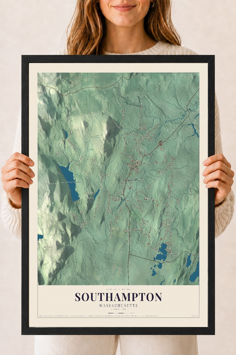 Southampton, Massachusetts map print - 18 x 24 black Ayous wood frame