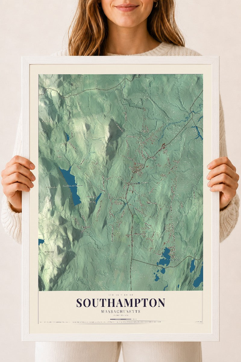 Southampton, Massachusetts map print - 18 x 24 white Ayous wood frame