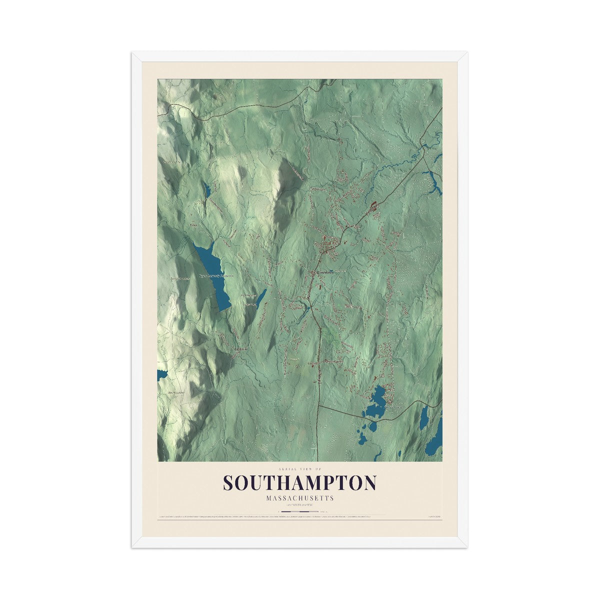 Map of Southampton, Massachusetts, 12 x 18 inch print in a white wood frame