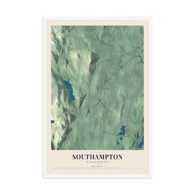 Map of Southampton, Massachusetts, 12 x 18 inch print in a white wood frame