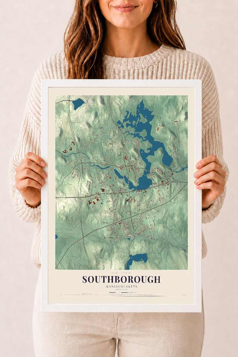 Southborough, Massachusetts map print - 12 x 18 white Ayous wood frame