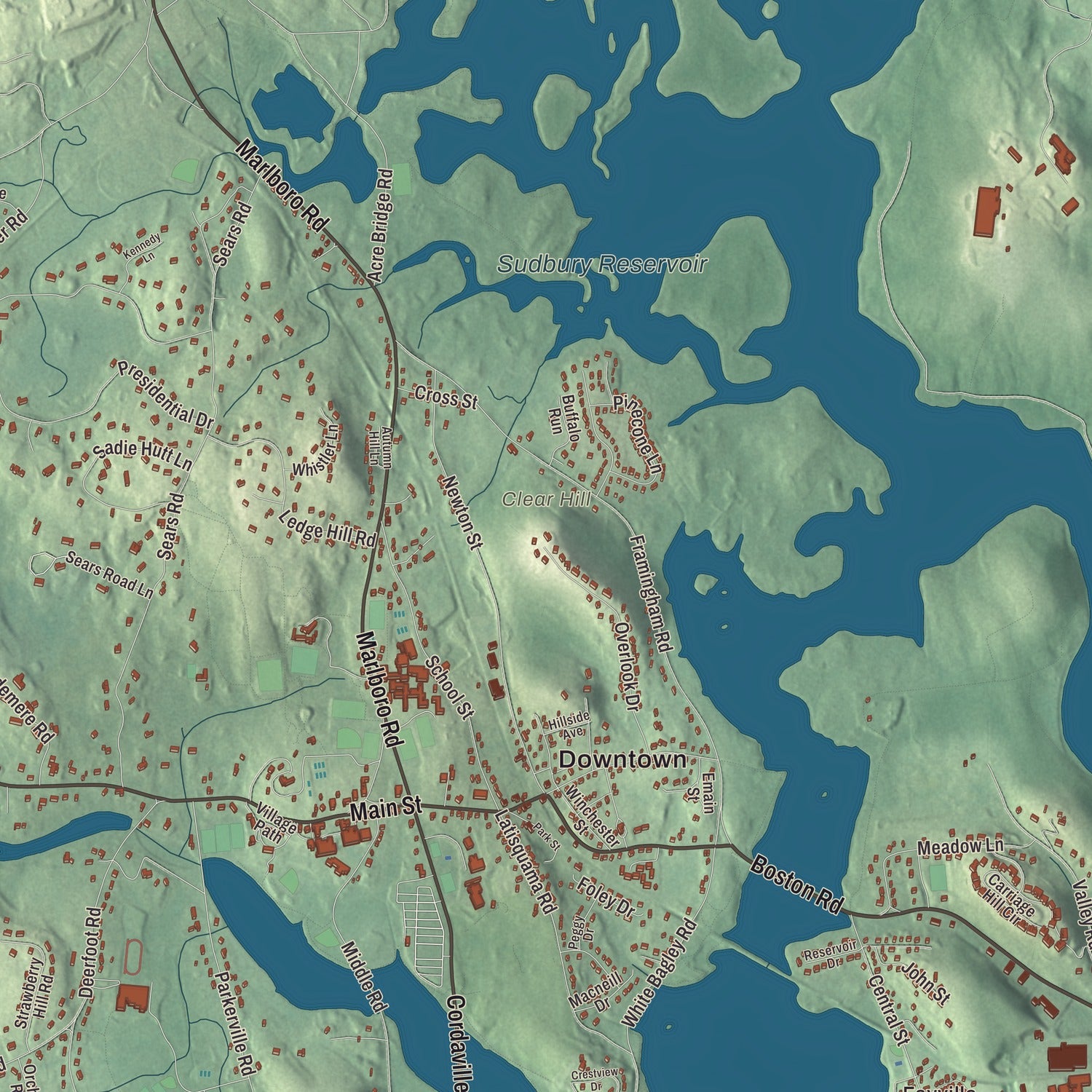Terrain and local geography detail from the Southborough, Massachusetts map