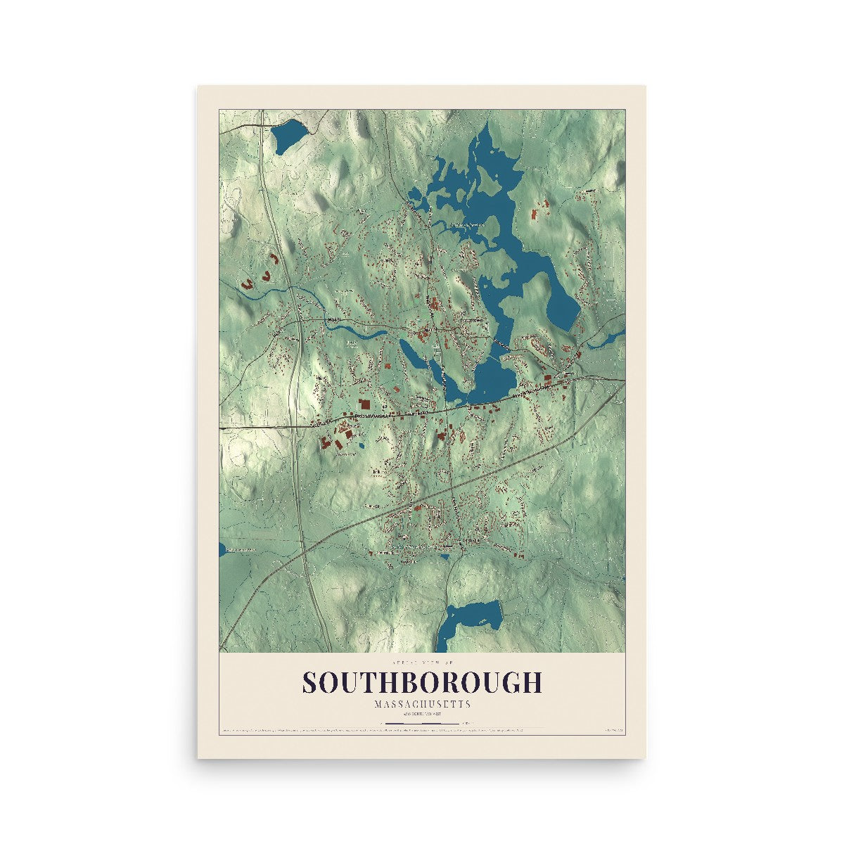Map of Southborough, Massachusetts, 12 x 18 inch unframed archival matte print