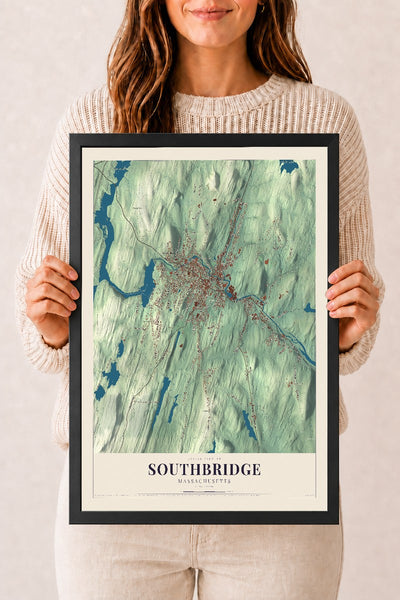 Southbridge, Massachusetts map print - 12 x 18 black Ayous wood frame