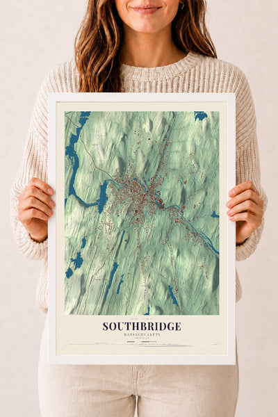 Southbridge, Massachusetts map print - 12 x 18 white Ayous wood frame