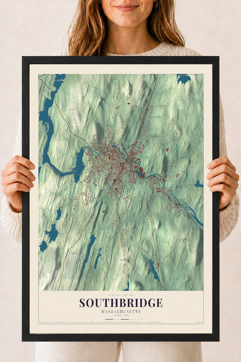 Southbridge, Massachusetts map print - 18 x 24 black Ayous wood frame