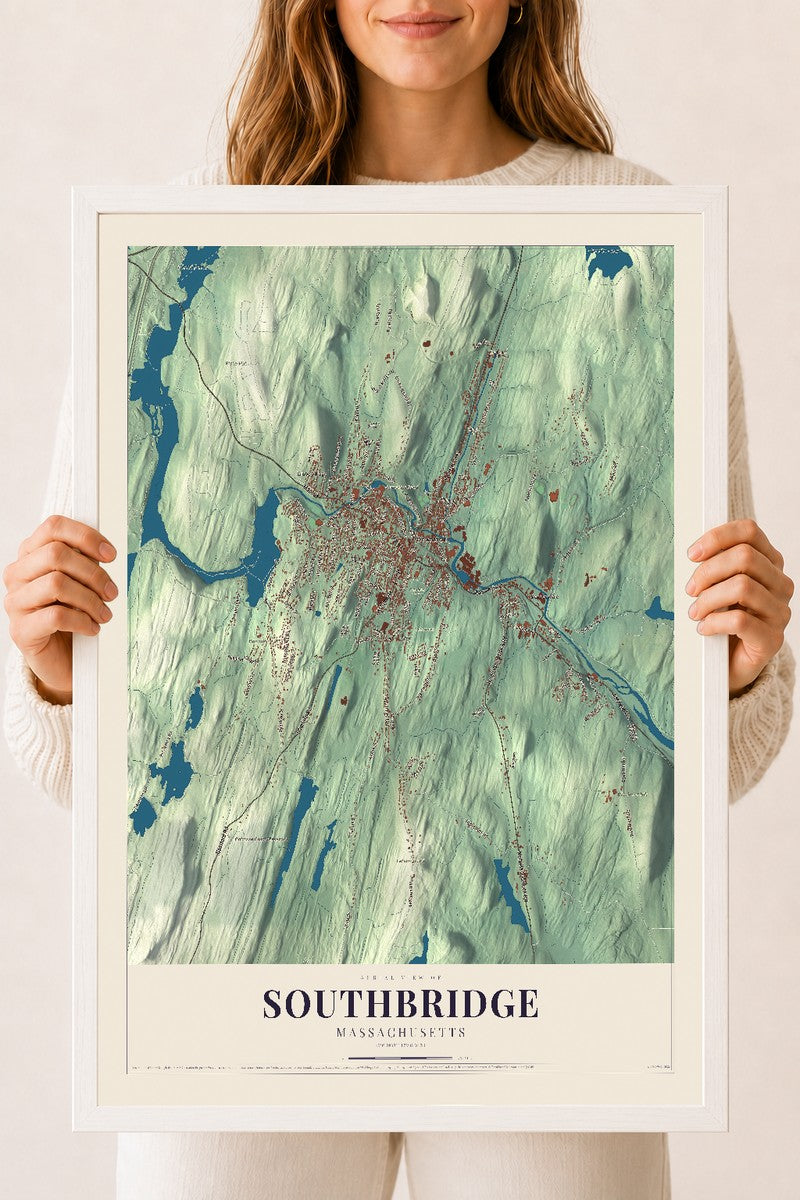 Southbridge, Massachusetts map print - 18 x 24 white Ayous wood frame