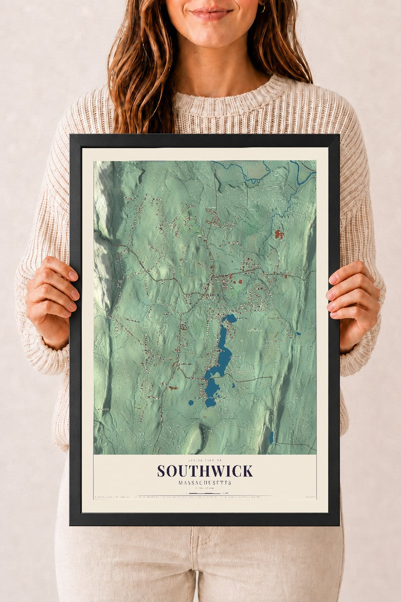 Southwick, Massachusetts map print - 12 x 18 black Ayous wood frame
