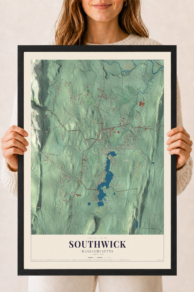 Southwick, Massachusetts map print - 18 x 24 black Ayous wood frame