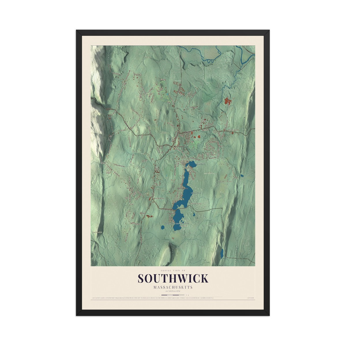 Map of Southwick, Massachusetts, 12 x 18 inch print in a black wood frame