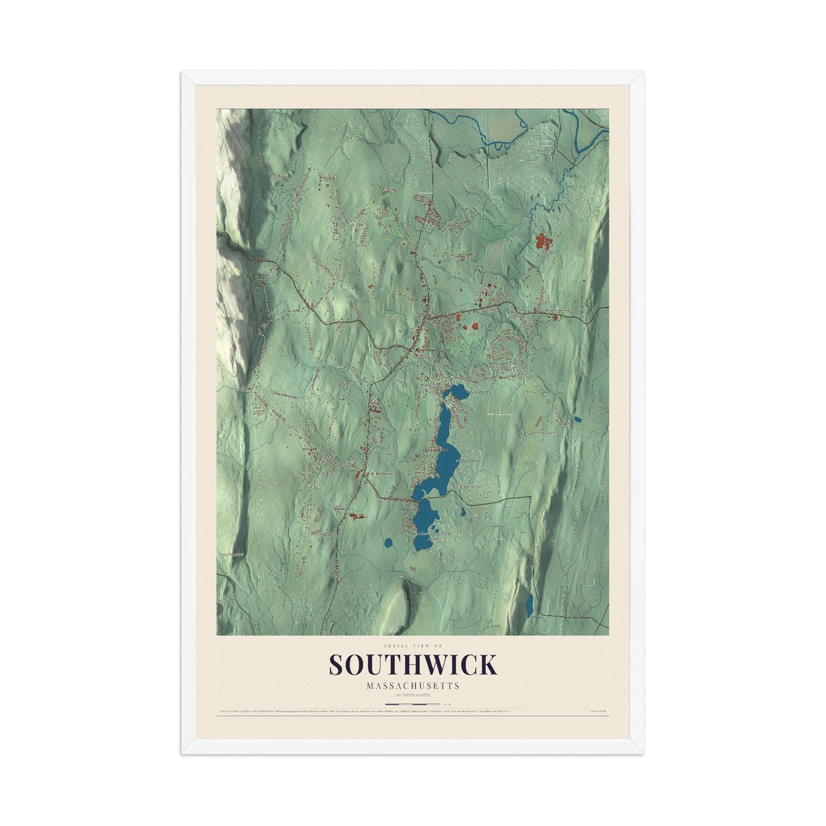 Map of Southwick, Massachusetts, 12 x 18 inch print in a white wood frame