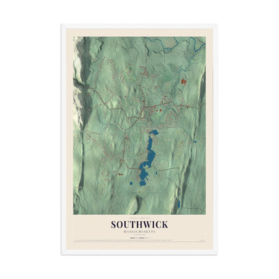 Map of Southwick, Massachusetts, 12 x 18 inch print in a white wood frame