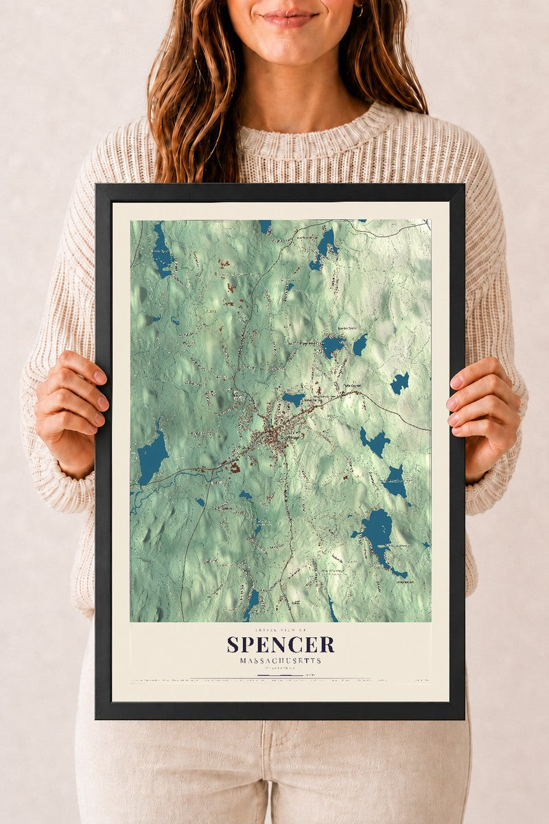 Spencer, Massachusetts map print - 12 x 18 black Ayous wood frame