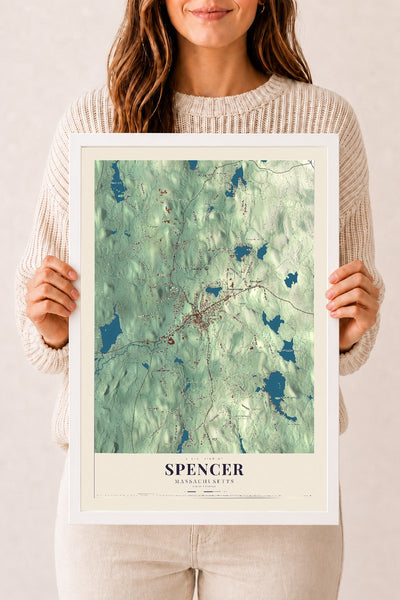 Spencer, Massachusetts map print - 12 x 18 white Ayous wood frame