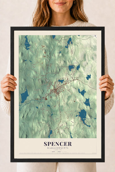 Spencer, Massachusetts map print - 18 x 24 black Ayous wood frame