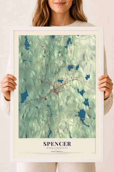 Spencer, Massachusetts map print - 18 x 24 white Ayous wood frame