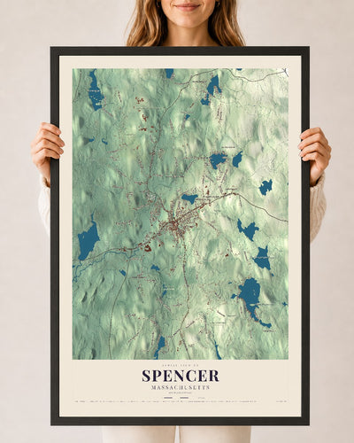 Spencer, Massachusetts map print - 24 x 36 black Ayous wood frame