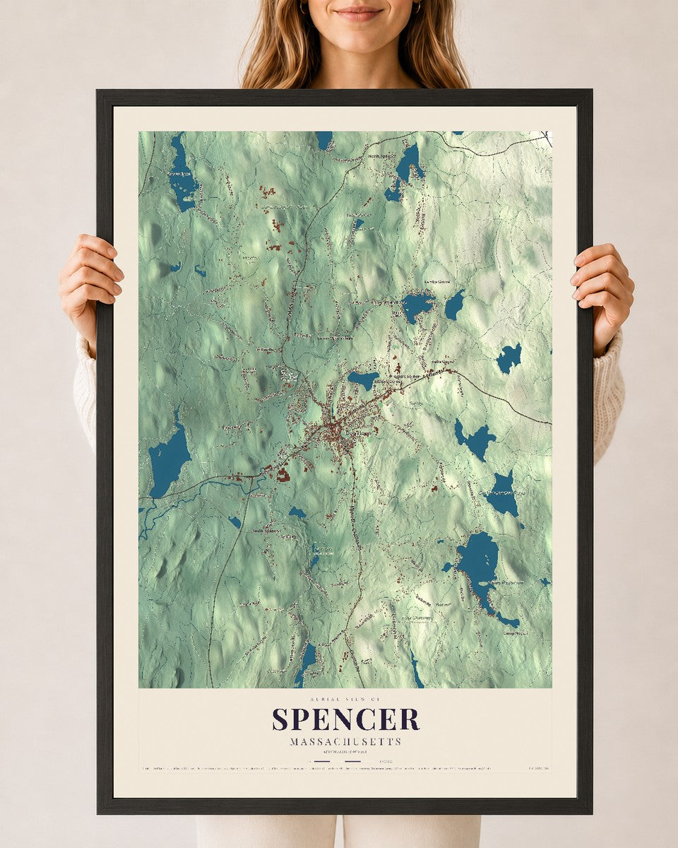 Spencer, Massachusetts map print - 24 x 36 black Ayous wood frame