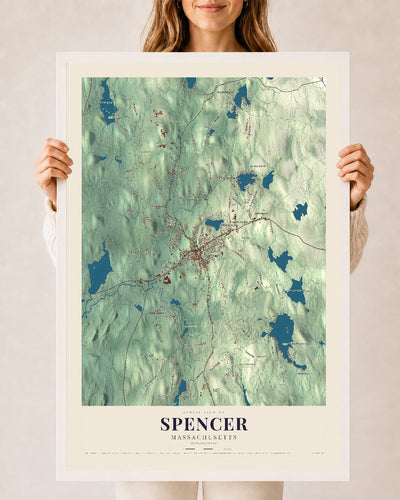 Spencer, Massachusetts map print - 24 x 36 white Ayous wood frame