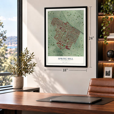 Spring Hill, Massachusetts map, 18 x 24 inch print in a black frame in a home office