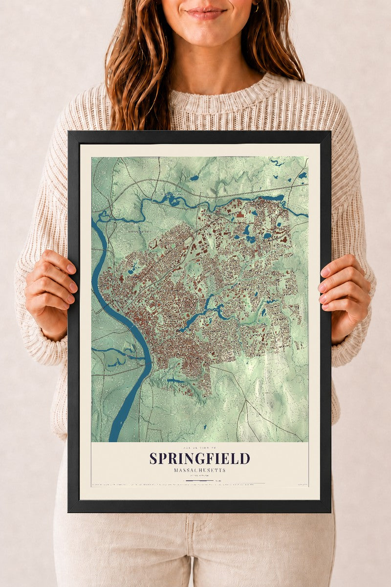 Springfield, Massachusetts map print - 12 x 18 black Ayous wood frame