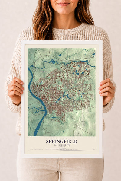 Springfield, Massachusetts map print - 12 x 18 white Ayous wood frame